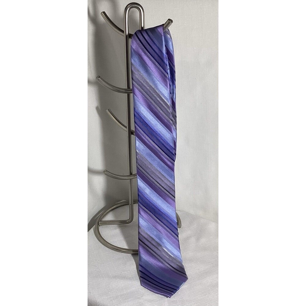 Calvin Klein Extra Long Silk Tie - Striped Purple, Gray, and Navy - 61"x 3"